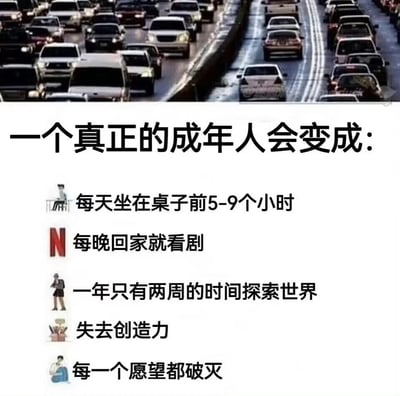 图片上半部分为严重的交通拥堵场景，大量汽车停滞在道路上，象征成年人被生活困住的状态。下半部分为白色背景的文字内容，主标题以黑色粗体字写着“一个真正的成年人会变成：”，下方分点列出成年人的日常状态：“每天坐在桌子前5-9个小时”（配有人物伏案工作的简笔画图标）、“每晚回家就看剧”（配有红色Netflix标志图标）、“一年只有两周的时间探索世界”（配有人物背包旅行的简笔画图标）、“失去创造力”（配有画板和画笔的简笔画图标）、“每一个愿望都破灭”（配有人物抱膝坐地的简笔画图标）。整体通过幽默与讽刺的方式，描绘了成年人生活单调、缺乏激情与实现愿望的现实状态，引发共鸣。