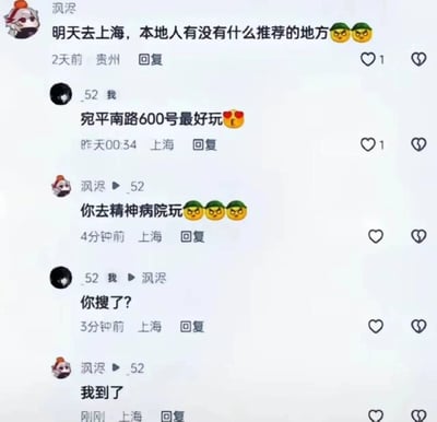 这段内容是社交平台评论区的搞笑互动，用户“沨沢”发布动态询问上海本地游玩推荐，来自上海的用户“_52”推荐了宛平南路600号，而该地址实际是上海市精神卫生中心，“沨沢”发现后吐槽对方推荐精神病院，最后又回复表示自己已经到了，利用地点的特殊含义制造出荒诞搞笑的效果，是典型的网络玩梗式互动。