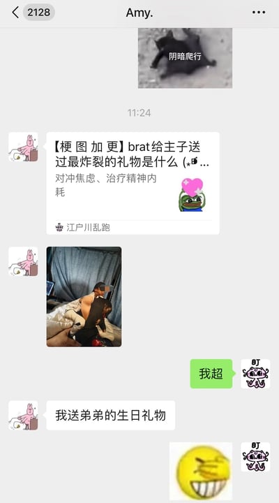 这是一张社交媒体聊天记录截图，展示了用户"江户川乱跑"分享的关于"brat给主子送过最炸裂的礼物是什么"的梗图加更内容。聊天中提到该内容可以"对冲焦虑、治疗精神内耗"，并配有一张人物照片和多个表情包。对话中另一方回应"我超"并提到"我送弟弟的生日礼物"，整体氛围轻松幽默，充满网络流行语。