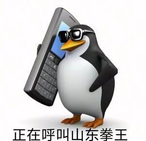 图片中是一只卡通企鹅，它戴着黑色墨镜，站姿挺拔，右手拿着一部老式直板手机贴在耳边，仿佛正在打电话。企鹅的表情看起来很酷，配合它一本正经打电话的姿势显得十分滑稽。图片下方配有文字“正在呼叫山东拳王”，整体风格幽默诙谐，充满网络迷因的轻松感。