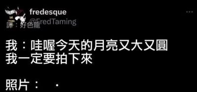 这是一张社交媒体截图类的静态梗图，整体为黑底白字的图文混排形式。图中先以第一人称文字描述“我：哇喔今天的月亮又大又圆 我一定要拍下来”，表达看到漂亮月亮时想要记录的兴奋心情，随后在“照片：”的标注后仅出现一个极小的白色圆点，用这种强烈的内容反差，调侃现实中很多人尝试拍摄月亮时，实际拍出的效果和肉眼看到的壮观景象相差甚远，只能拍出模糊小光点的尴尬经历，精准戳中了不少人拍照翻车的共鸣点，充满搞笑与无奈的氛围。