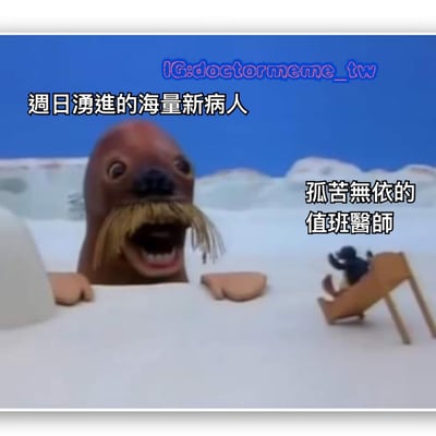 一张幽默 meme 图，左侧是一只从冰山中探出头、嘴巴大张的海象，象征“週日湧進的海量新病人”；右侧是一个站在办公桌旁的小型值班医生形象，配文“孤苦無依的值班醫師”。通过夸张对比，生动展现了周日值班医生面对大量患者时的无奈与压力。背景为蓝色天空和冰山，整体风格为卡通动画质感。