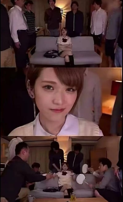 这是由三段视频截图拼接而成的梗图：
1. 上方画面：一名女生独自坐在沙发上，周围环绕着多名站立的男性，营造出一种略带压迫感的场景；
2. 中间画面：该女生的近距离特写，面带自信的微笑，眼神直视镜头，传递出从容的气场；
3. 下方画面：场景发生反转，周围的男性手持类似乒乓球拍的物品，似乎要和女生进行互动，原本的压迫感转变为轻松的氛围，通过前后场景的反差制造搞笑效果。
图中没有双关、谐音梗或暗示类内容。