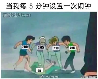 图片上方配有文字“当我每5分钟设置一次闹钟”，下方是一幅动画截图改编的场景：四个分别标有7:00、7:05、7:10、7:15时间标签的角色正气势汹汹地向躺在地上标有“我”的角色逼近，幽默地表现了频繁设置闹钟后被不断响起的闹钟“围攻”的无奈与搞笑场景。
