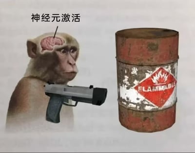 这是一张合成搞笑梗图，图中左侧是经过P图编辑的猕猴，猴子头部被修改出暴露在外的大脑，大脑上插着一根针，猴子身前添加了一把手枪，枪口朝向画面右侧的一个老旧生锈的带易燃标识的油桶，画面上方配有文字“神经元激活”，该图利用谐音玩梗，“神经元激活”谐音“神经击火”，对应开枪点燃油桶引发爆炸的画面含义，用来调侃形容脑洞炸开、突然想通事情、大脑瞬间“开窍”所有神经元都激活的状态，效果搞笑。
