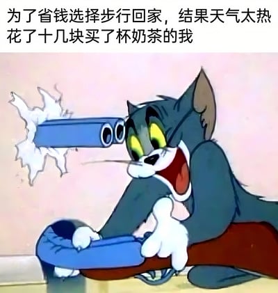 图片上方有文字：'为了省钱选择步行回家，结果天气太热花了十几块买了杯奶茶的我'。下方是《猫和老鼠》中的汤姆猫形象，它正愤怒地咬着一个破损的蓝色物品，表情夸张，眼睛瞪得很大，嘴巴张开，显得非常生气和无奈。这个表情包用汤姆猫愤怒的形象来幽默地表达了想省钱却反而花钱的无奈心情。