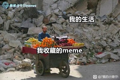 这张梗图以真实拍摄的灾后场景照片为基础，画面中一位男子推着摆满香蕉、橙子、苹果等各类新鲜水果的小推车，身后是一片狼藉的废墟。图中添加了两组对比文字：上方的“我的生活”对应破败压抑的废墟背景，下方的“我收藏的meme”对应推车上丰富诱人的水果，以此形成强烈反差，自嘲式地表达了现实生活的不如意、处境糟糕，而自己收藏的梗图却像这些水果一样丰富多彩，是灰暗生活里的慰藉，精准戳中了喜欢收集梗图的网友的心境，用幽默的方式吐槽生活的无奈。