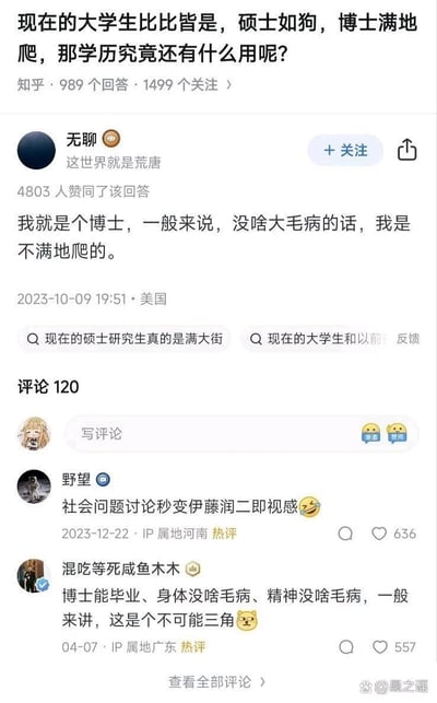 这是一张知乎平台的问答截图，问题为“现在的大学生比比皆是，硕士如狗，博士满地爬，那学历究竟还有什么用呢？”，聚焦学历内卷背景下学历的价值这一社会话题。用户“无聊”以玩梗的方式回应，称“我就是个博士，一般来说，没啥大毛病的话，我是不满地爬的”，该回答获得4803个赞同。评论区中，用户“野望”调侃该讨论“秒变伊藤润二即视感”，获得636个赞；用户“混吃等死咸鱼木木”则吐槽“博士能毕业、身体没啥毛病、精神没啥毛病，一般来讲，这是个不可能三角”，获得557个赞，整体内容将严肃的社会话题转化为幽默的玩梗与吐槽，调侃博士求学过程中的压力与不易。