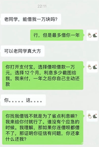 这是一张竖版的微信聊天记录截图，展示了两名老同学之间关于借钱的对话：一方主动开口向老同学借一万元，被借方表面大方同意借款，随后提出让借钱者自行从支付宝借呗借款一万元，选择12个月分期，利息由自己支付，一年后由借钱者自行还款；最后点明核心逻辑，如果借钱者连借呗都无法借出，说明其个人征信存在问题，自然也没有能力还给自己，用高情商的委婉方式巧妙拒绝了借钱请求，同时规避了借钱不还的风险。