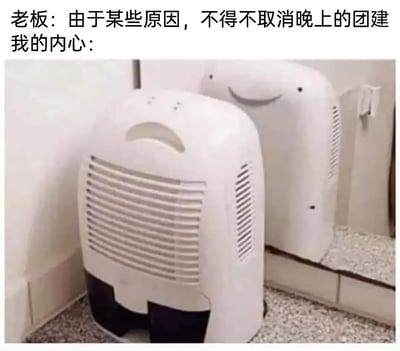 这是一张贴合职场打工人心态的搞笑表情包，图片上方配有两段文字，分别是老板的通知“由于某些原因，不得不取消晚上的团建”，以及引出内心状态的“我的内心：”；下方的主体图片是一台放置在镜子前的白色除湿机，镜子的反射效果与机器的外观结构巧合形成了一个咧嘴大笑的拟人化表情，而机器底部的设计在视觉上像是开心到“劈叉”的姿态，精准地将打工人听到取消强制团建时，那种压抑不住的狂喜、放松的内心情绪，通过拟人化的日常家电生动展现出来，极易引发职场群体的共鸣。