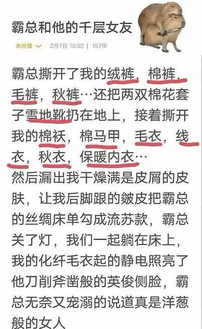 该图为社交媒体帖子截图，标题为“霸总和他的千层女友”，配图为两只叠在一起的水豚（形象呼应“千层”概念）。正文以幽默夸张的笔触，描述“霸总”撕开“我”身上多层冬季衣物（绒裤、棉裤、毛裤、秋裤、棉袄、棉马甲等，均用红色下划线标注），最终因化纤毛衣静电照亮场景，结尾以霸总“真是洋葱般的女人”的吐槽收尾，形成“多层衣物像洋葱一样层层剥开”的谐音双关笑点。