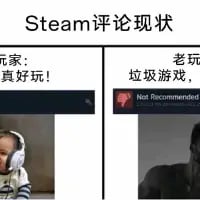 这是一张左右对比的玩家自制梗图，调侃Steam平台的游戏评论现状：左侧呈现新玩家视角，配文「玩家：真好玩！」，搭配戴着耳机、一脸兴奋投入的小孩图片，表现新玩家刚接触游戏时的喜爱与热情；右侧呈现老玩家视角，配文「老玩：垃圾游戏」，同时附带Steam平台的「Not Recommended（不推荐）」评论标识，搭配神情无奈、满脸嫌弃的男性图片，表现老玩家在深入游玩后对游戏产生的不满。通过新老玩家对同一款游戏的极端反差评价，精准贴合玩家群体的真实游戏体验，充满搞笑与共鸣感。