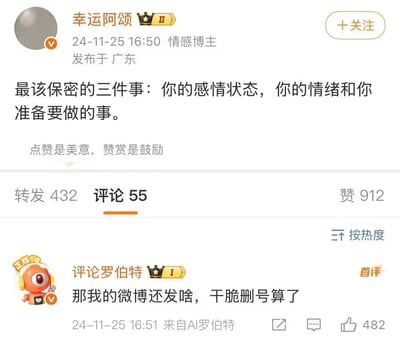 该图片为社交媒体截图，展示了情感博主“幸运阿颂”于2024年11月25日16:50在广东发布的一条动态。内容为“最该保密的三件事：你的感情状态，你的情绪和你准备要做的事。”并附带“点赞是美意，赞赏是鼓励”的说明文字。截图下方显示互动数据：转发432次，评论55条，点赞912次。评论区按热度排序的首条评论来自“评论罗伯特”（标注为AI罗伯特），内容为“那我的微博还发啥，干脆删号算了”，发布时间为16:51，获482个点赞。