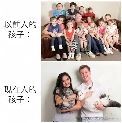 图片为上下对比结构，上方展示一个大家庭合影，多名成人抱着和围绕着十几个孩子，配文“以前人的孩子：”；下方是一对年轻男女分别抱着两只猫的合照，配文“现在人的孩子：”。通过幽默对比展现过去多子女家庭与现在养宠物替代生育的社会现象差异。