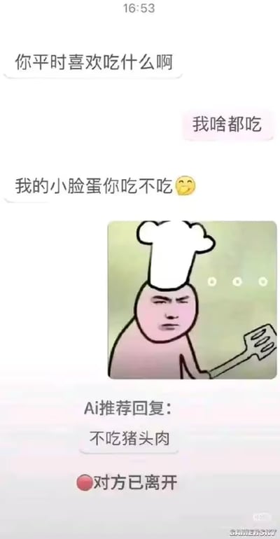 这张梗图是一段男女聊天记录截图，女方开玩笑地说“我的小脸蛋你吃不吃”，带有双关和暗示意味，随后AI自动回复“不吃猪头肉”，间接把对方比作猪，有调侃和幽默意味。底部显示为‘对方已离开’，表明回复让对方感到无语。图片结构承载了网络约会搞笑氛围，适合用来表达尴尬、被冷场或者调侃别人搭讪的话题。

**双关暗示**："小脸蛋你吃不吃" 有暧昧和打情骂俏的成分，而AI回复“不吃猪头肉”，“猪头肉”暗指对方脸像猪头，带有自黑和嘲讽意味。