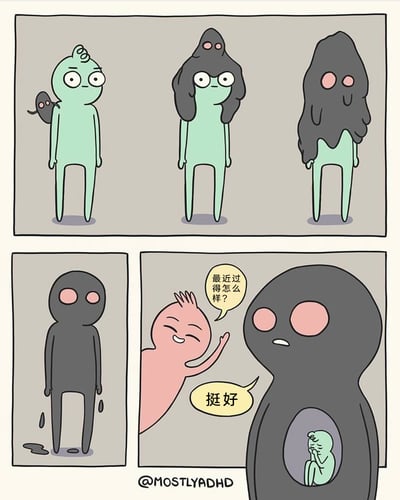 这是一组卡通风格的连环漫画，通过分镜展示了情绪被压抑的过程：第一排的三个画面中，绿色小人先是肩膀上出现小黑影，随后黑影覆盖头部，最后几乎全身被黑影包裹；第二排第一个画面里绿色小人完全变成了黑影人，第二个画面中，粉色小人热情地挥手向黑影人问候“最近过得怎么样？”，黑影人平淡地回应“挺好”，但他的身体内部却蜷缩着一个面露低落、蜷缩起来的绿色小人，精准具象化了人们在社交中，表面维持着“状态良好”的假象，内心却深陷低落情绪、不愿向外人展露的状态，类似“微笑抑郁”的心理状态。
