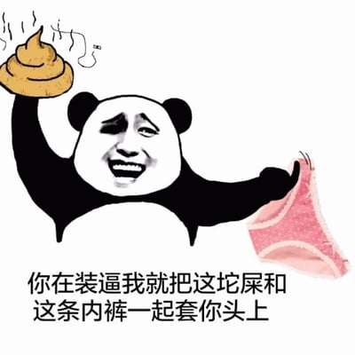 这是一张搞笑威胁类表情包，画面主体是一个经典的熊猫头表情包角色，其脸部是人类搞怪表情的拼贴。角色左手高高举起一坨冒着热气的黄色粪便，右手则拿着一条粉色带白色波点的女性内裤，表情滑稽中带着一丝挑衅。图片底部配有文字：'你在装逼我就把这坨屎和这条内裤一起套你头上'，整体风格粗俗幽默，常用于网络中对他人装逼行为的调侃或夸张威胁。