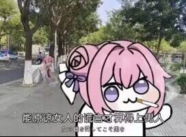 这是一张源自韩国手游《胜利女神：妮姬》角色桃乐丝的二创表情包，主角为粉色头发的卡通形象doro。画面中doro手持香烟，站立在有树木和行人的街道背景前，表情呆萌中带着一丝忧郁。图中叠加文字内容为“能原谅女人的谎言才称得上是男人”及对应的日文“どんな嘘でも許せる男にならなきゃ”，体现了Doro文化中“结局文学”的悲情故事特征，反映当代青年的情感需求和心理状况。