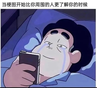 深夜躺在床上的动画角色史蒂文，手持手机，脸上挂着眼泪却露出微笑，上方配文「当梗图开始比你周围的人更了解你的时候」。这张图精准戳中当代人的情绪：在现实社交中难以找到理解，却能通过网络上的梗图找到精准的情绪共鸣，那种孤独又被共情的心酸与温暖交织的感觉被生动呈现。