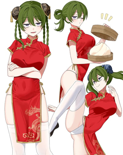 这是动漫《即使如此依旧步步进逼》中角色八乙女漆的粉丝同人创作图，图中呈现了该角色的三种不同造型：左侧造型为双发髻搭配麻花辫，双臂交叉面带浅笑；中间是低马尾造型，单腿抬起，手持打开的竹制蒸笼，里面的大包子带有视觉暗示趣味；右侧为双马尾造型，单手抬至脸侧露出得意的笑意。三个造型均身着红色高开叉中式旗袍，搭配白色长袜，整体融入中式国风元素，风格俏皮魅惑。