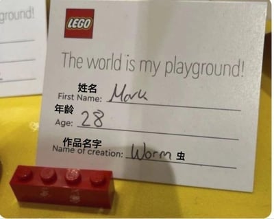 这是一张乐高活动登记卡的实拍图，卡片顶部印有乐高品牌标识和英文标语“The world is my playground!”（世界是我的游乐场！），登记项配有中英双语标注：姓名栏填写为“Mavu”，年龄栏填了28岁，作品名称栏写着“Worm 虫”。而在登记卡下方，对应的乐高“作品”只是一块普通的红色4孔长积木。成年人用如此极简的积木对应“虫”的命名，形成了强烈的反差感，充满了无厘头的冷幽默，用最朴素的方式玩梗，营造出轻松搞笑的氛围。