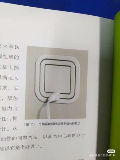 这是一张翻拍自设计类书籍的图文内容，展示了一款环形结构的概念插座。该插座为方形环形外观，当前插有一个白色充电插头，设计理念参考火车铁轨结构，可同时插入多个插头以满足多设备用电需求。旁边的文字介绍了其设计巧思，同时也提出判断这类设计的核心是功能性，需以此为标准评判是否为优秀设计。