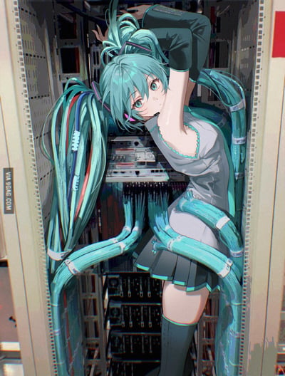 这是一幅风格化的AI创作同人图，将VOCALOID虚拟歌手初音未来的标志性双马尾长发，创意性地设计为服务器机柜中的网络线缆。初音未来身处密集的服务器机柜空间内，双手抬起，发丝形态的线缆缠绕并连接在机柜的设备接口上，眼神带着一丝茫然，巧妙将虚拟歌姬的数字属性与服务器的科技感结合，打造出新奇的视觉联动效果。