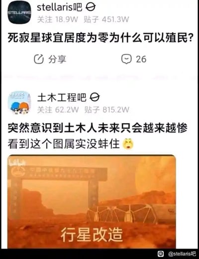 图片为社交媒体截图拼接内容，上方是Stellaris吧帖子，标题为“死寂星球宜居度为零为什么可以殖民？”，显示关注18.9W、帖子451.3W；中间是土木工程吧帖子，内容为“突然意识到土木人未来只会越来越惨 看到这个图属实没蚌住 😭”，关注62.2W、帖子815.2W；下方嵌入一张标注“行星改造”的图片，背景为荒漠场景，含工程结构与“中国中铁”相关标识，带有Bilibili水印。整体通过游戏《Stellaris》中殖民无宜居度星球的设定，与土木工程行业改造恶劣环境的工作性质形成幽默联动，用“行星改造”梗自嘲土木人面临的艰辛处境。