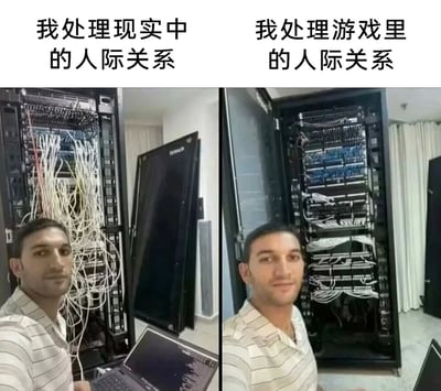 这是一张左右对比的梗图，左侧图片配文“我处理现实中的人际关系”，背景是机柜里杂乱缠绕、毫无章法的线缆，对应很多人在现实生活中面对人际关系时，状态一团混乱，理不清头绪；右侧图片配文“我处理游戏里的人际关系”，背景是机柜里线缆被整理得井井有条、排列规整，对应这类人群在游戏的社交环境中，却能把人际关系打理得顺畅有序。图中是同一位男性在两种场景下的自拍，通过机柜线缆的混乱与规整的强烈反差，生动调侃了部分人现实与游戏中社交能力表现截然不同的有趣现象。