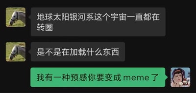 这是一张静态的聊天记录截图，画面中共有三条消息。上方两条消息的发送者头像是一张正在吃草的白马照片，该用户先提出了一个充满脑洞的观点：“地球太阳银河系这个宇宙一直都在转圈”，紧接着补充提问“是不是在加载什么东西”，将宇宙天体的自然运转类比成电子设备加载时的转圈动画，荒诞又有趣。下方绿框的消息发送者头像是动画《星际牛仔》中的角色菲·瓦伦丁，该用户回复道“我有一种预感你要变成meme了”，精准点出前者的发言具备成为网络流行meme素材的潜质。整个对话充满无厘头的创意，风格轻松诙谐。