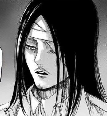 这是一张出自漫画《进击的巨人》的黑白扫描截图，图中角色为艾伦·耶格尔，他留着长发，额头缠有绷带，眼部带有伤痕，神情疲惫落寞，嘴唇微张，整体状态虚弱，呈现出经历重伤或战斗后的模样。