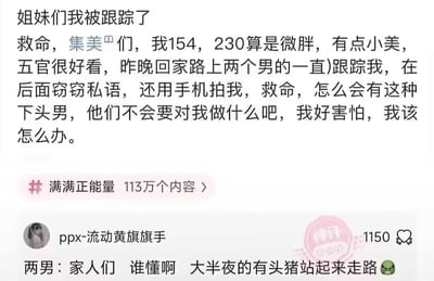 这是一张社交媒体帖子截图，楼主自称身高154cm、体重230斤，认为自己只是微胖且有点小美，发帖称夜晚回家时被两名男性跟踪偷拍，感到害怕并求助；下方热评以男性视角吐槽「大半夜的有头猪站起来走路」，通过楼主对自身的错误认知与他人真实看法的强烈反差，制造出讽刺又搞笑的喜剧效果。