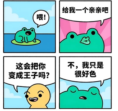 这是一张四格漫画梗图，讲述青蛙向黄色生物求吻，黄色生物以为青蛙想变王子，结果青蛙坦白只是好色的搞笑故事。漫画风格简洁，对话幽默，反差感强，引人发笑。