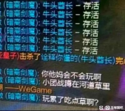 这是一张MOBA游戏《英雄联盟》的对局聊天界面截图，玩家“暗裔剑魔”连续多次发送“牛头酋长 - 存活”的消息，似乎在提醒队友注意己方牛头酋长的状态，随后玩家“亚皇子”发送消息显示击杀了队友“诠释你懂的”操控的牛头酋长。紧接着“暗裔剑魔”开始激烈吐槽该牛头酋长玩家，质问其“你他妈会不会玩啊”，吐槽他在小团战发生时躲在河道草里不参与战斗，还用调侃的语气说道“玩累了吃点草啊？”，利用牛头酋长是牛、以草为食的设定来讽刺队友消极参战、蹲草不作为的行为，充满了搞笑的吐槽意味，展现了游戏对局中玩家对队友离谱操作的不满与调侃。