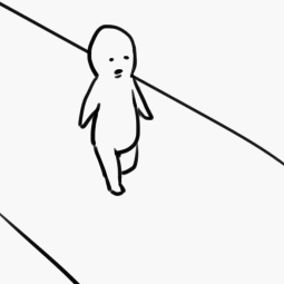 这是一张黑白风格的线稿涂鸦图，画面中只有一个简约的卡通小人，它面无表情，正沿着一条斜向的线条行走，没有多余的背景元素，整体画风简单随性，传递出一种漫无目的、平淡迷茫的状态。