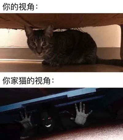 这是一张上下对比风格的搞笑梗图，通过夸张对比展现了人类视角与猫咪视角的差异。上图中一只虎斑猫警惕地躲在家具下方，从人类视角看只是普通的猫咪躲猫猫行为；下图则用恐怖电影般的画面表现猫咪视角，展示了一个黑暗空间里有类似鬼怪的生物和伸出的手，幽默地暗示了猫咪可能将普通环境想象成恐怖场景。这种夸张的反差制造了强烈的喜剧效果。