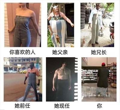 这是一组由六张视觉错位照片拼接而成的搞笑网络图，每张图通过服装巧合、场景错位制造出荒诞的身体部位错觉，并配上对应恋爱相关角色的文字标注：1. “你喜欢的人”：女性将牛仔裤改造成抹胸连体裤的视觉效果，呈现出独特的穿搭错位；2. “她父亲”：穿着搞怪的维京人风格服装，身体和裤子的错位形成夸张的大肚子视觉；3. “她兄长”：利用他人的腿部和自己的上衣，制造出“超长裤子”的错位效果；4. “她前任”：上衣和背带裤的错位，看起来像是没有脖子的怪异形象；5. “她现任”：上半身赤裸，下半身的黑色布料制造出没有头部的错觉；6. “你”：穿着垮裤、背影落寞的形象，和其他角色的错位形成反差，自嘲在恋爱中的处境。整组图通过荒诞的视觉错位，调侃恋爱中的不同角色和自身的尴尬处境，充满网络幽默气息。
