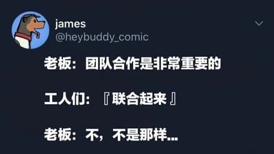 这是一张社交媒体截图类的顶配底文梗图，属于图文混排的卡通风格内容。左上角是带有卡通狗头像的用户账号“james @heybuddy_comic”，下方是三段递进的文字对话：老板先强调“团队合作是非常重要的”，工人们顺势回应“『联合起来』”，老板却立刻改口“不，不是那样...”。这段对话通过老板前后态度的强烈反差，讽刺了职场中管理者口中的“团队合作”往往是要求员工为企业利益协作，而非支持员工真正联合起来争取自身权益的双标行为，用幽默的方式戳中职场人的共鸣点。