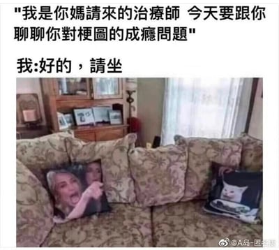 这是一张搞笑的图文结合类梗图，上方文字模拟了一段对话：自称是被“我”的妈妈请来的治疗师，表示要和“我”聊聊对梗图成瘾的问题，“我”则回应“好的，请坐”。下方的实拍图片展示了一个居家客厅的沙发，沙发上的两个抱枕分别印着经典外网梗图“Woman Yelling at a Cat”里的愤怒指责女性和冷漠猫咪。整个内容形成了强烈的反差笑点：“我”嘴上配合治疗，但生活环境里全是梗图元素，侧面凸显出“我”的梗图成瘾已经渗透到生活细节中，根本无法戒除，用这种自嘲的方式调侃了当代网络用户沉迷梗图、被网络迷因包围的日常状态。