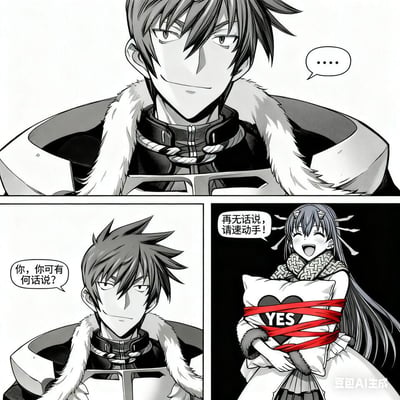 这是一幅三格黑白AI生成漫画，玩了对话场景的反差梗：
1. 第一格：男生面无表情，仅发出省略号，营造出严肃的氛围；
2. 第二格：男生摆出质问的姿态，严肃询问“你，你可有何话说？”，仿佛是在刑场问斩的紧张场景；
3. 第三格：女生抱着被红丝带捆绑、印有爱心与“YES”字样的枕头，兴奋大喊“再无话说，请速动手！”，将原本的“行刑”氛围彻底反转成同意求婚/交往的甜蜜回应，用严肃的对话包装浪漫的表态，形成强烈的搞笑反差感。
本图无谐音、双关梗，核心笑点来自场景与回应的反转。