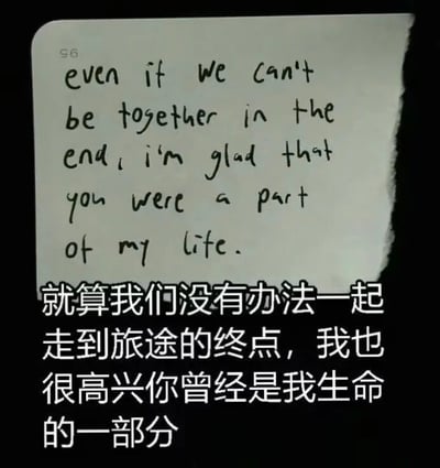 图片主体为一张边缘撕裂的白色纸张，上面用黑色手写体写着英文句子："even if we can't be together in the end, i'm glad that you were a part of my life."。纸张下方配有白色简体中文字幕："就算我们没有办法一起走到旅途的终点，我也很高兴你曾经是我生命的一部分"。背景为纯黑色，使得纸张和文字更加突出，整体呈现出一种略带伤感却又温暖的情感氛围。