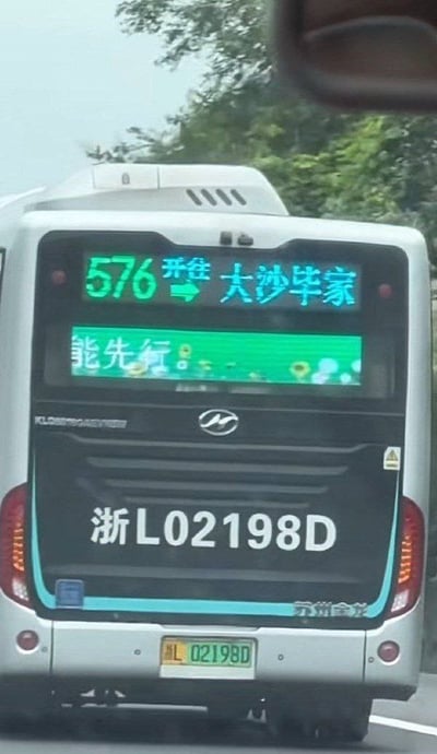 图片展示了一辆576路公交车的尾部，电子显示屏上显示'开往 大沙毕家'，车牌号为浙L02198D，车辆制造商为苏州金龙。背景可见绿色树木，拍摄环境可能为户外道路。

存在谐音梗：'大沙毕家'的发音与不雅词汇'大傻逼家'相似，可能是因地名拼写引发的趣味现象。