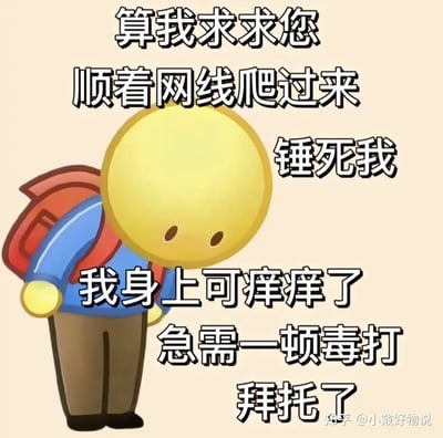这张梗图是一张经典的自嘲网络表情包，主角为黄脸人emoji形象低头鞠躬，搭配夸张求饶的文字：“算我求求您顺着网线爬过来锤死我，我身上可痒痒了，急需一顿毒打，拜托了。”整体流露出一种自嘲、无奈又搞笑的氛围，常用于网络聊天时自我吐槽或被调侃时回复，加强互动感和幽默氛围。“顺着网线爬过来锤死我”是当前网络的流行语，表达希望网友隔空‘来教育自己’，带有强烈的玩梗性质。文案将“痒痒”与“打”做了语义结合，属于夸张幽默表达。