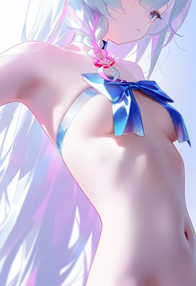 这是一张AI生成的动漫风格插画，描绘了一位侧身站立的少女。她有着飘逸的蓝紫色长发，头发上系着粉色的发饰。少女的胸前佩戴着一个闪亮的蓝色蝴蝶结，背景是明亮的天空，光线从上方照射下来，营造出唯美的光影效果。画面整体风格细腻，色彩柔和，展现了典型的二次元审美特征。