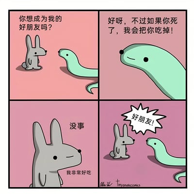 这是一幅四格漫画，描绘了兔子和蛇之间有趣的友谊对话。第一格中，灰色兔子问绿色的蛇：'你想成为我的好朋友吗？'。第二格中，蛇微笑着回答：'好呀，不过如果你死了，我会把你吃掉！'。第三格中，兔子淡定地说：'没事 我非常好吃'。第四格中，兔子兴奋地喊道：'好朋友！'，两只小动物愉快地达成了友谊。