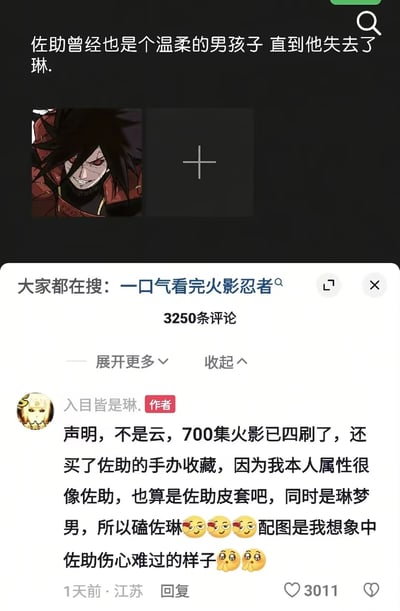 这是一张社交媒体内容截图，上方的发帖文案称“佐助曾经也是个温柔的男孩子 直到他失去了琳”，但配的角色图实际是《火影忍者》中的宇智波斑，而非宇智波佐助。下方是发帖作者的置顶评论，作者自称已经四刷700集《火影忍者》、收藏佐助手办，自认属性和佐助相似是佐助“皮套”，同时是野原琳的梦男，因此磕佐助和琳的CP，还称配的图是自己想象中佐助伤心难过的样子，明显认错了角色闹出乌龙，该内容共有3250条评论，相关搜索为“一口气看完火影忍者”，是动漫圈的搞笑梗图。