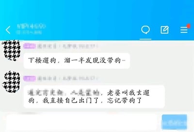 这是一张横版的社交聊天记录静态截图，画面中是一位用户的两段发言，第一段发言为“下楼遛狗，溜一半发现没带狗…”，第二段补充说明是老婆让自己去遛狗，结果自己直接出门，完全忘记带上狗，独自完成了一半的遛弯行程。这段内容充满了生活里的粗心小趣味，将一个迷糊的日常糗事展现出来，让人忍俊不禁。