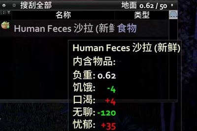 这是一张末日生存游戏《僵尸毁灭工程》的内界面截图，展示了一个名为“Human Feces沙拉(新鲜)”的恶搞食物物品。该物品的属性充满黑色幽默：负重为0.62，食用后仅能减少4点饥饿值，却会增加4点口渴值，同时能大幅降低120点无聊值，但也会提升35点忧郁值。物品名称里的“Human Feces”意为人类粪便，将粪便制作成沙拉的设定本身就十分离谱，是游戏里的趣味整活内容，用来调侃生存中的荒诞感。