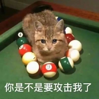 一只橘色虎斑猫趴在绿色的台球桌上，周围被多个彩色台球（包括8号球、11号球等）环绕。猫咪有着圆溜溜的蓝色眼睛，眼神中带着一丝警惕和无辜，仿佛在观察周围的环境。图片底部有一行白色文字：“你是不是要攻击我了”，通过猫咪的表情和文字结合，营造出一种可爱又略带幽默的“防御”场景，让人觉得猫咪把台球当成了潜在的“威胁”。