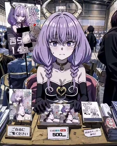图片展示了一位紫色头发、带有角的魔族少女坐在同人志摊位前，表情悲伤。她穿着黑色和白色相间的服装，胸前有一个心形装饰，双手放在摊位上的同人志上。摊位上摆放着多本印有相同角色的R18同人志，价格为500日元。背景显示这是在一个热闹的同人展上，有其他摊位和参观者。